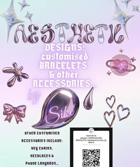 Sike's lilac flyer in chrome bubble lettering: AESTHETIC designs, customised bracelets and other accessories, by Sike.